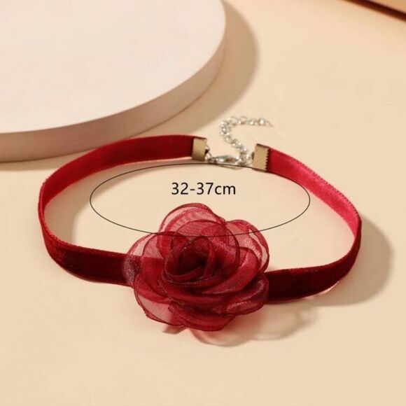 Y2K Vamp Rose Floral Balletcore Regency Goth Victorian Burgundy Velvet Choker S - Picture 4 of 5